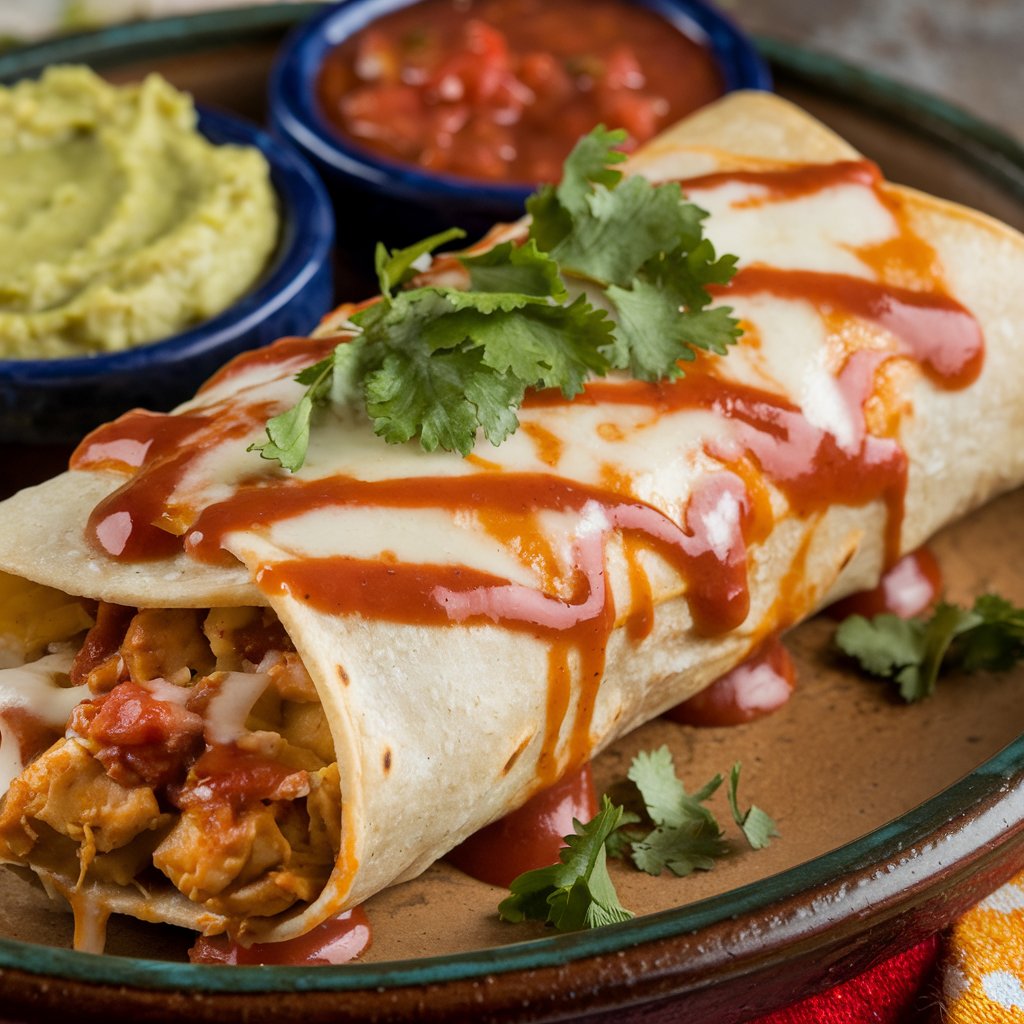 Chicken enchilada burrito topped with melted cheese and enchilada sauce.