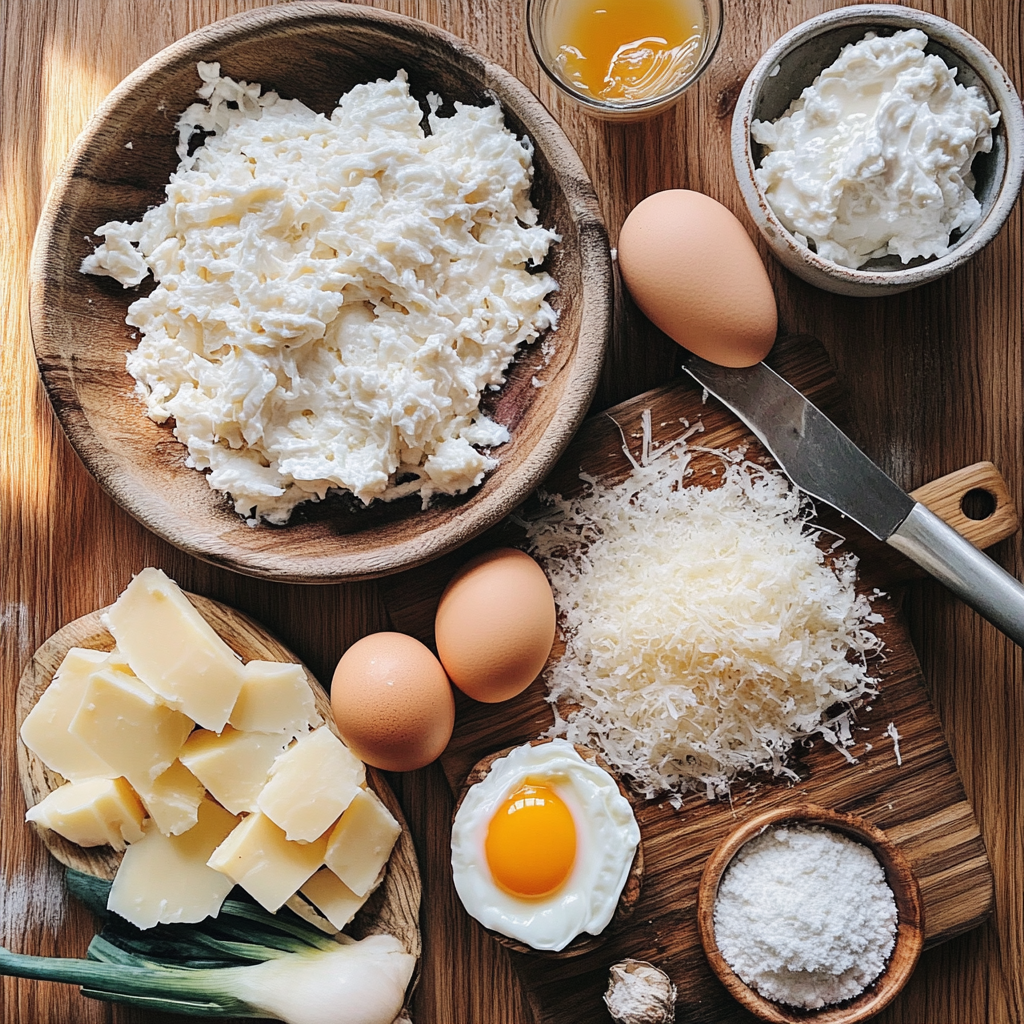 Ingredients for Crab Brulee arranged on a wooden countertop