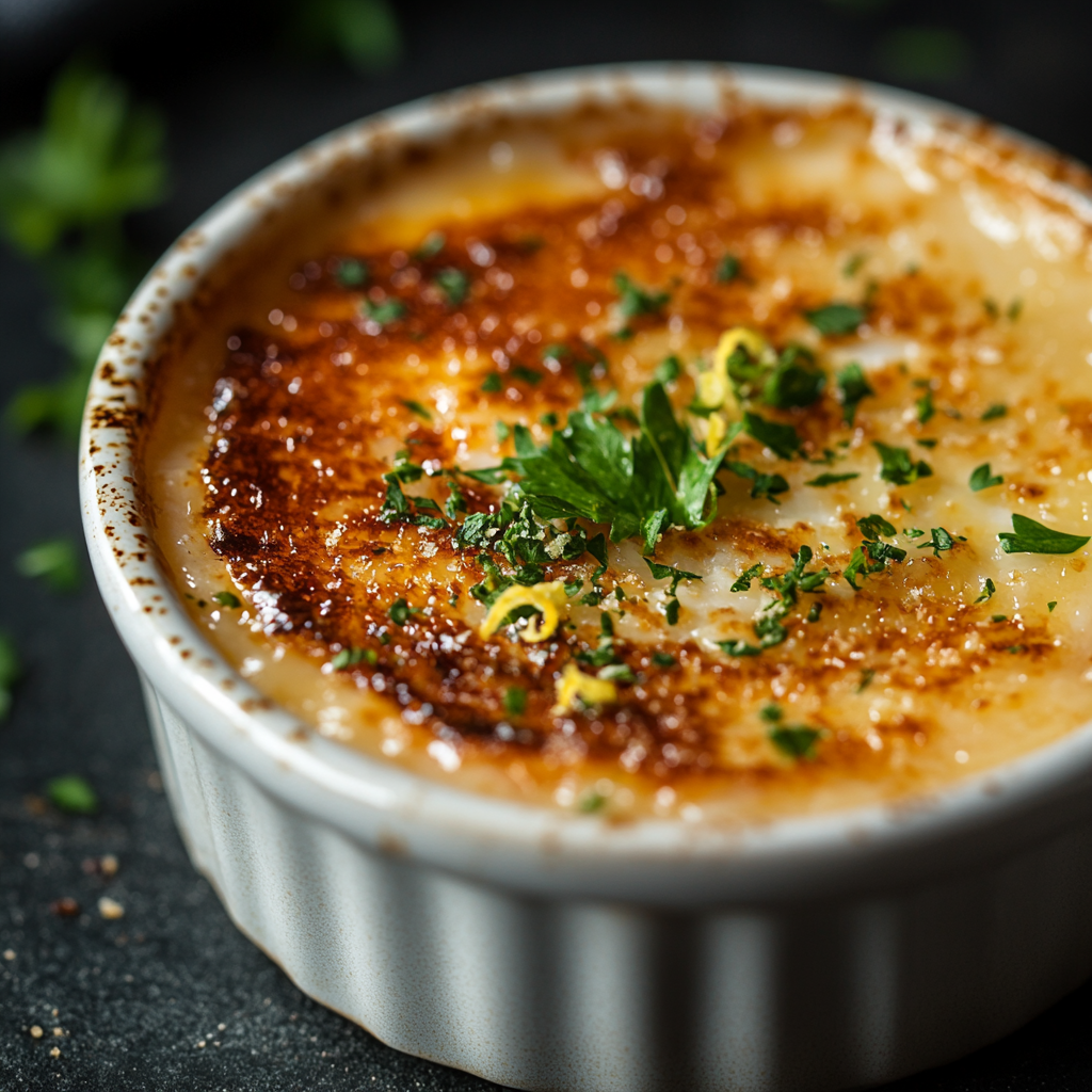 A close-up, detailed image of Crab Brulee in a ramekin, garnished with finely chopped parsley and a curl of lemon zest, on a dark, textured background.