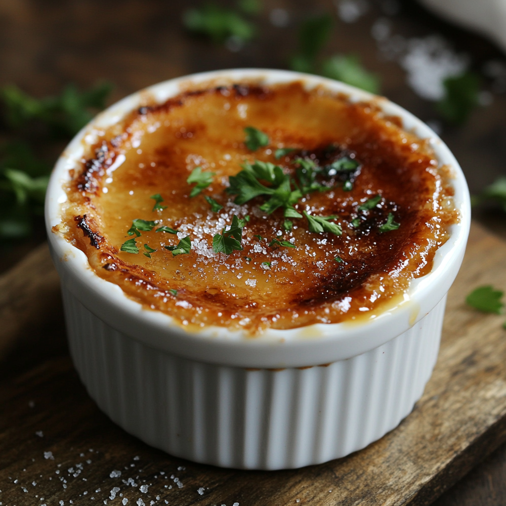 A beautifully plated Crab Brulee with caramelized crust and garnished with herbs.