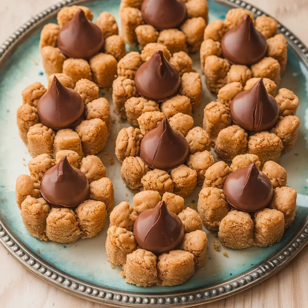 Peanut butter blossom bars arranged on a tray with chocolate kisses on top