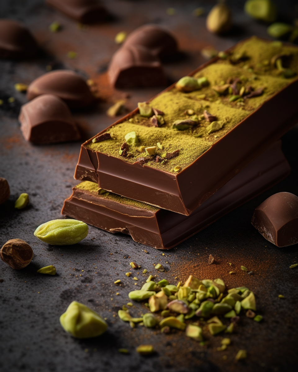 Luxurious Dubai chocolate bar recipe with pistachios and rose petals on a marble surface