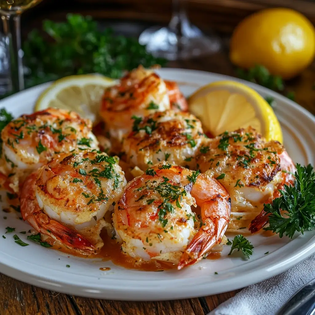 Golden-baked stuffed shrimp garnished with parsley and lemon slices.