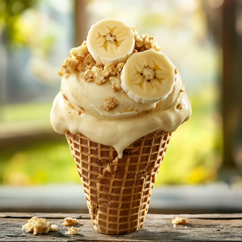 Creamy banana pudding ice cream with wafers and bananas