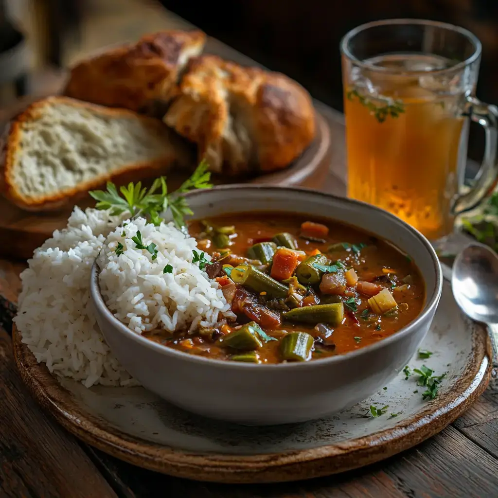 Cajun okra soup served with rice and bread on a rustic table