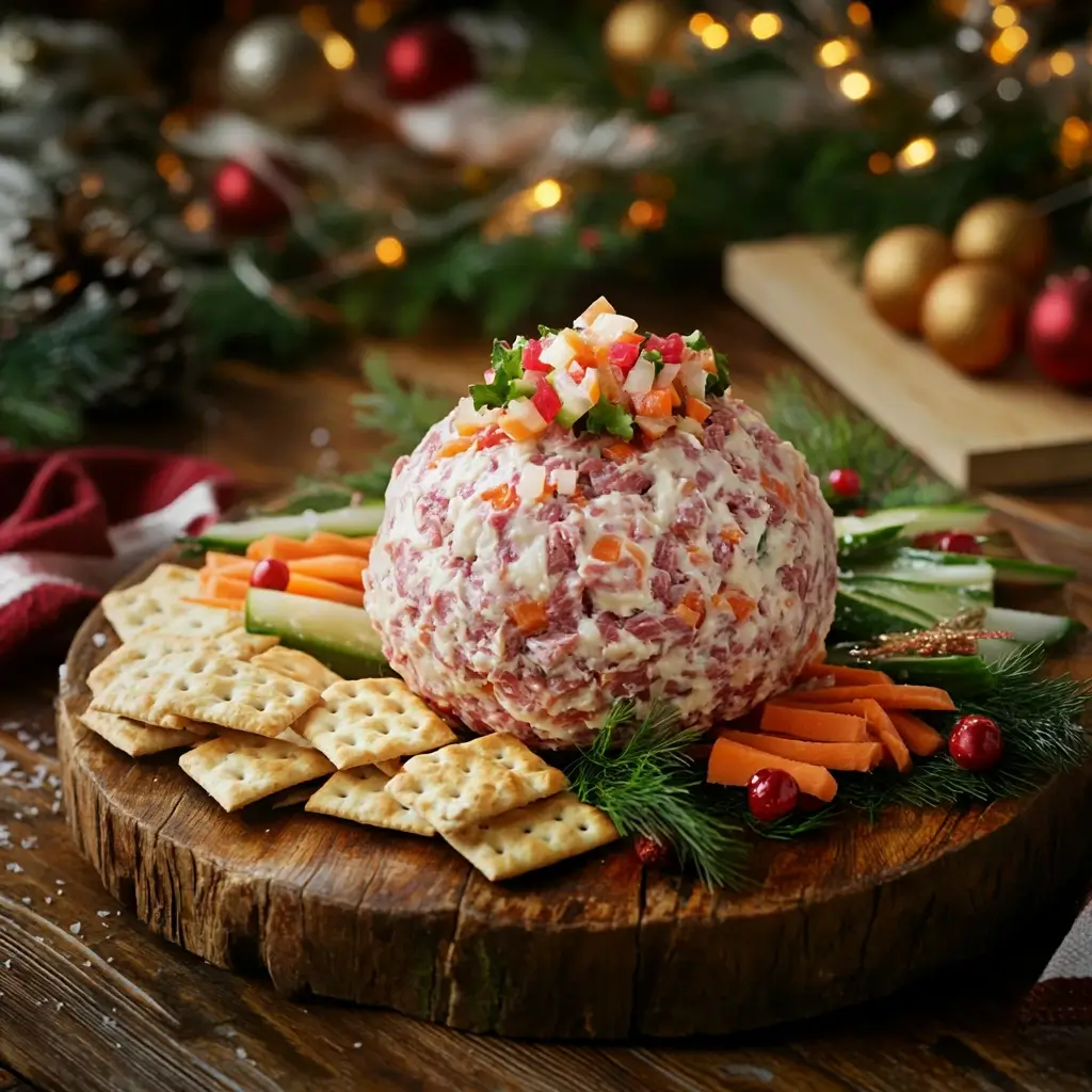 A savory chipped beef cheese ball served with crackers and veggies.