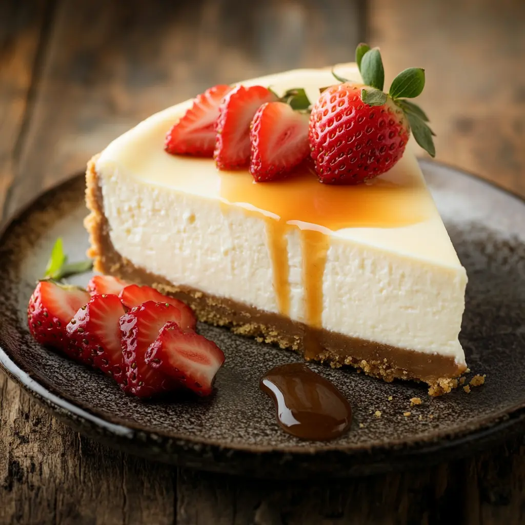 Philadelphia Cheesecake with strawberries and caramel topping