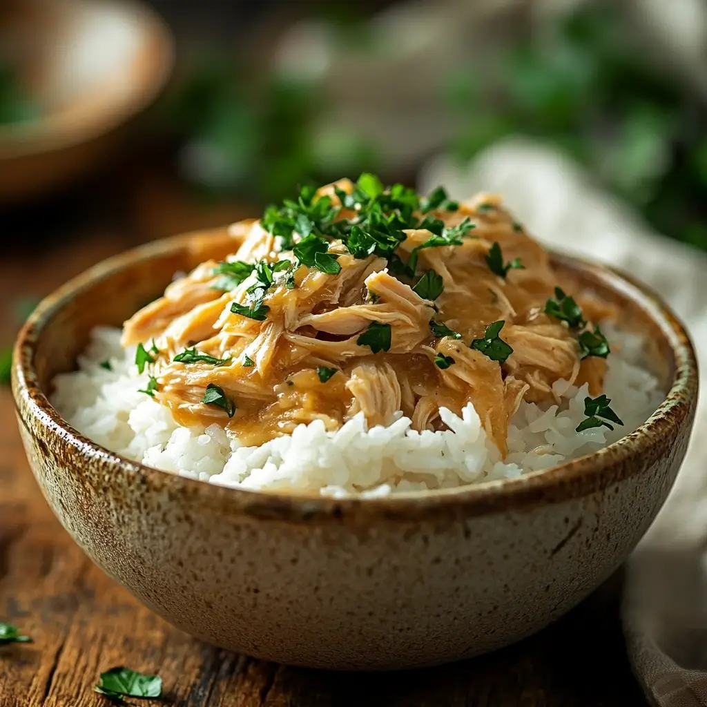 Chicken and gravy crockpot meal served over rice