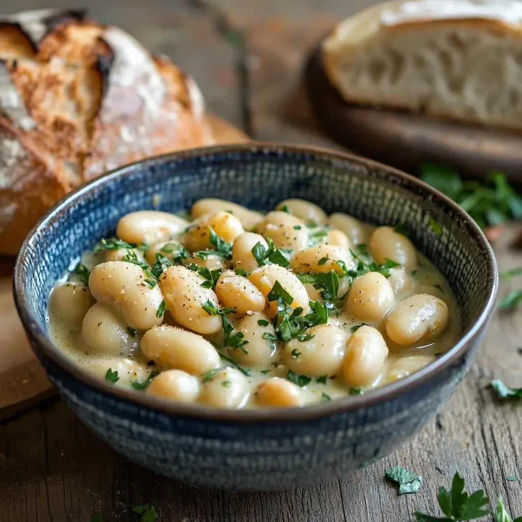 Creamy butter beans garnished with fresh parsley on a rustic wooden table