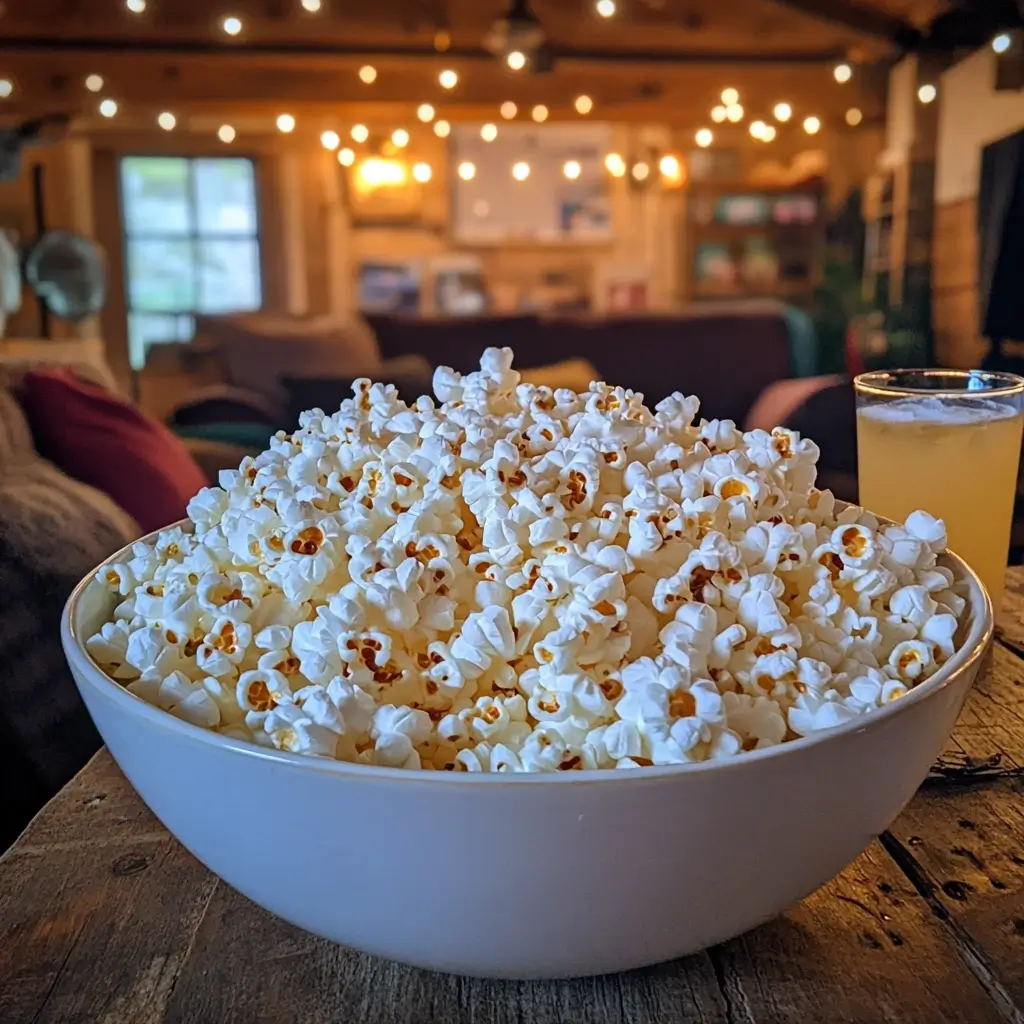 A bowl of air-popped popcorn on a wooden table