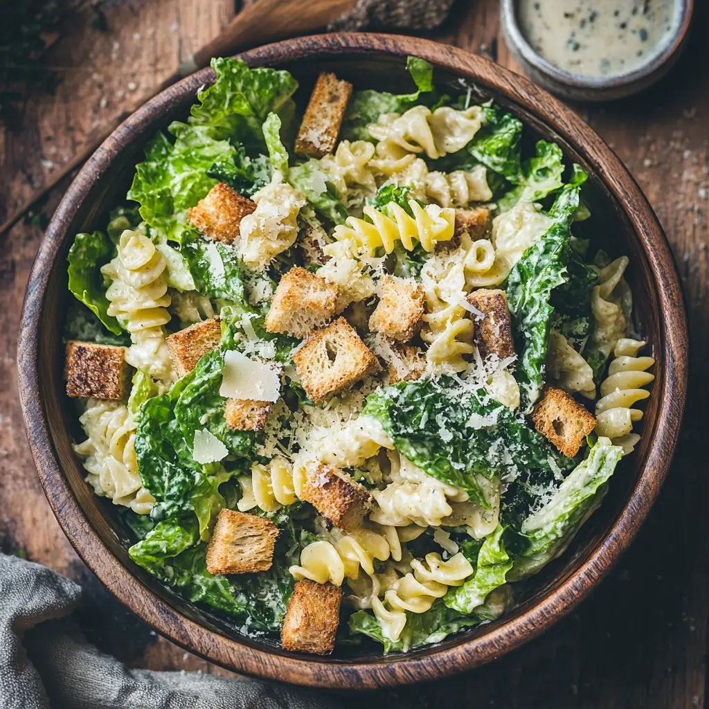 Bowl of Caesar pasta salad with lettuce, pasta, parmesan, and croutons