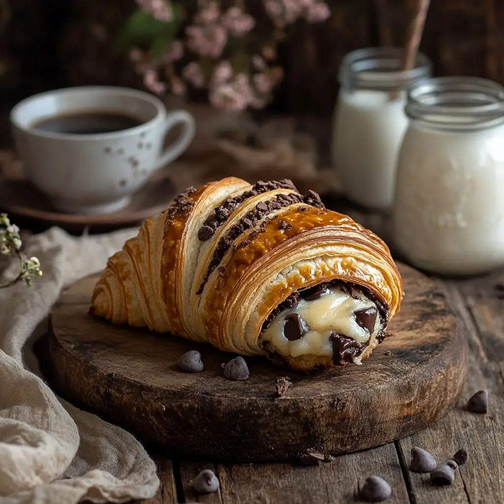 Freshly baked croissant cookie with melted chocolate chip cookie dough