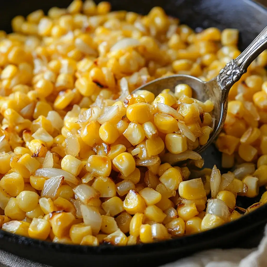 Golden fried corn in a cast-iron skillet with butter and herbs