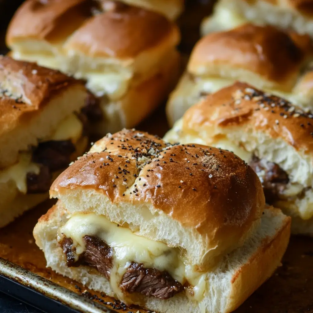 Freshly baked roast beef sliders with melted cheese