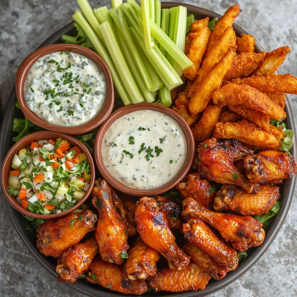 Mango habanero wings with ranch, blue cheese, and fries