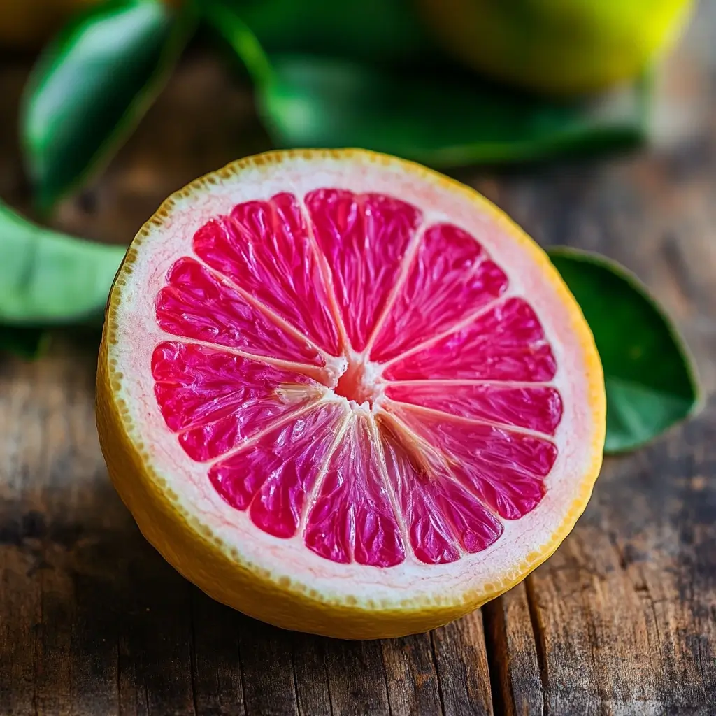 Pink lemon cut in half showing pink flesh and striped peel.