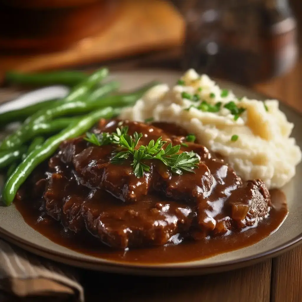 Plate of slow cooker cube steak with gravy and mashed potatoes