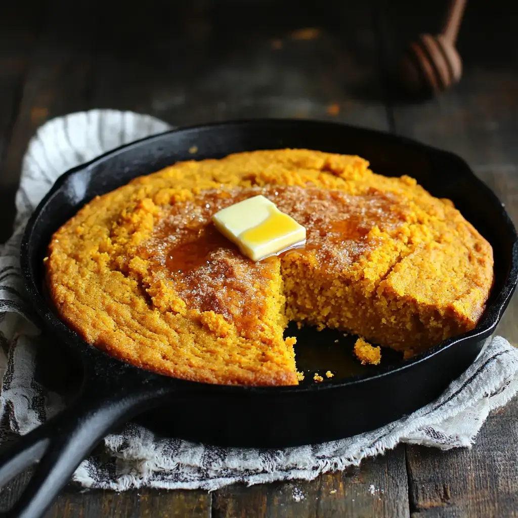 Freshly baked sweet potato cornbread with butter and honey