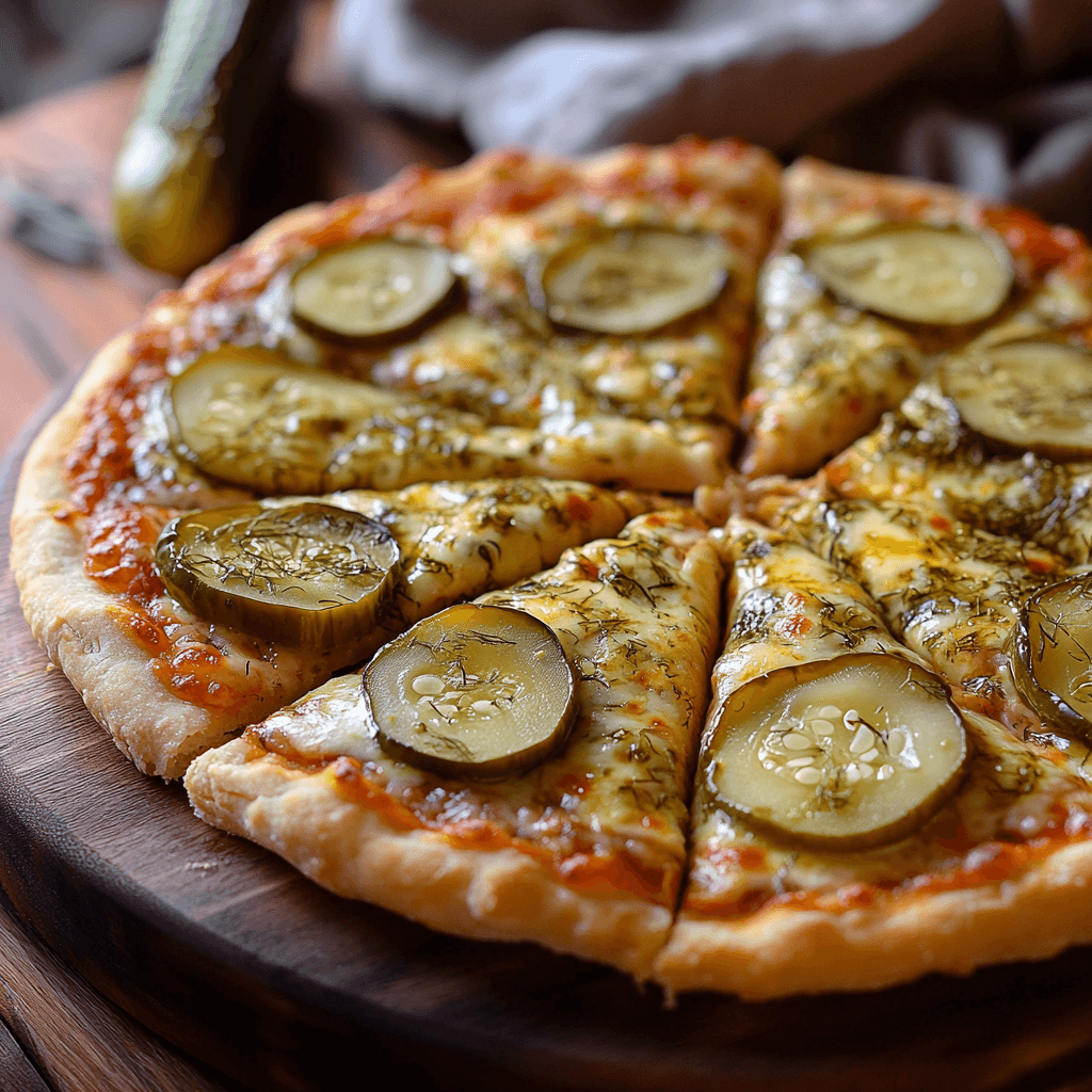 A freshly baked pickle pie pizza with melted cheese.