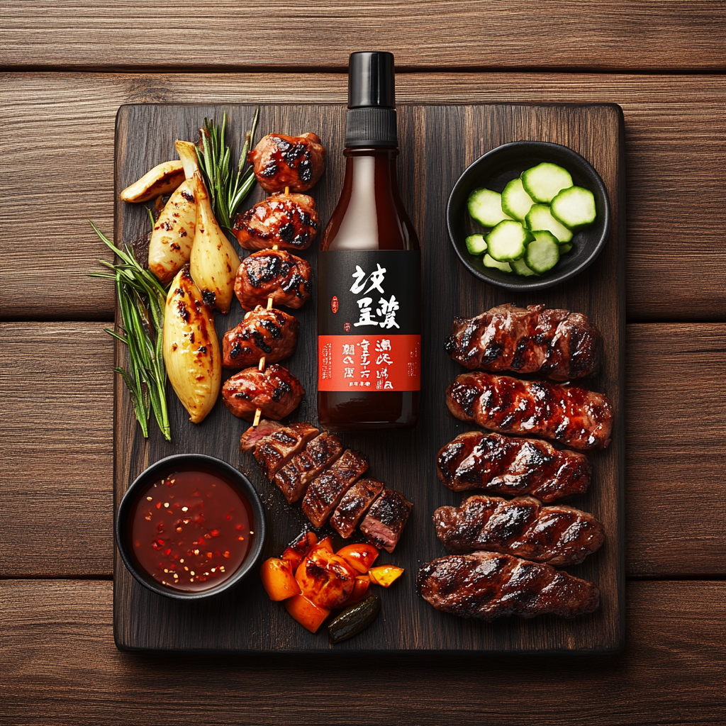 A bottle of Japanese BBQ sauce with grilled meats and vegetables.