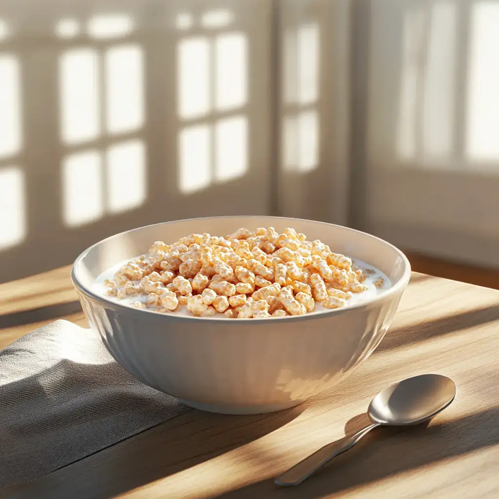 A bowl of Rice Krispies Cereal with milk and a spoon.