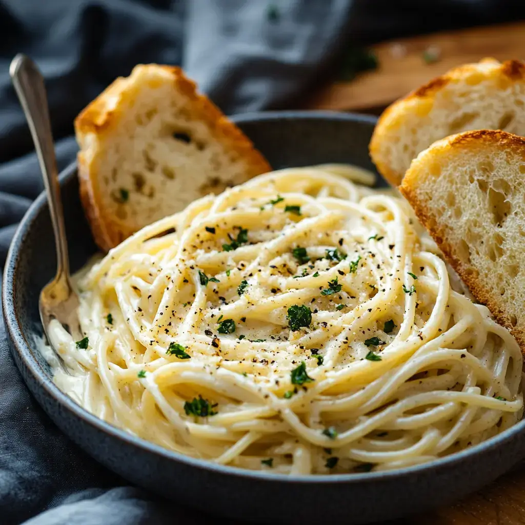 Creamy Alfredo spaghetti served with garlic bread