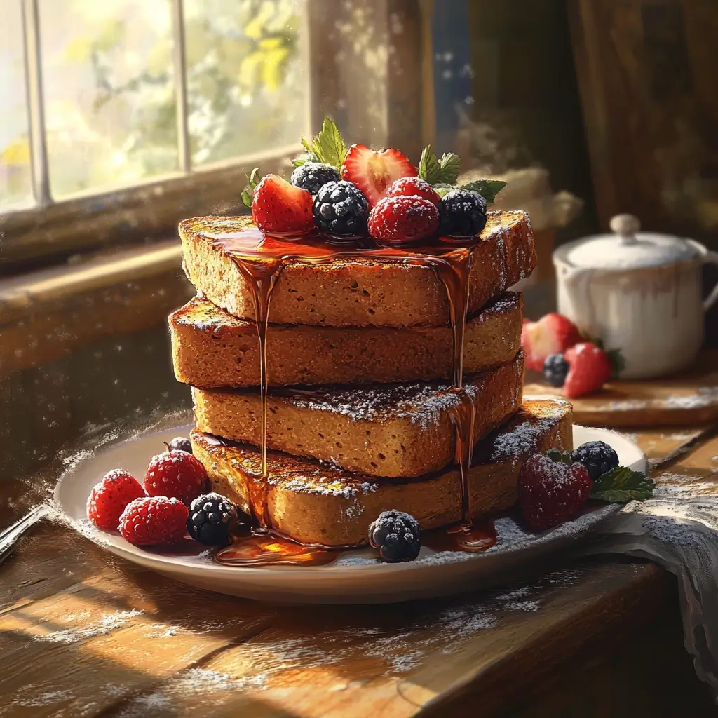 Stack of banana bread French toast with fresh berries and syrup