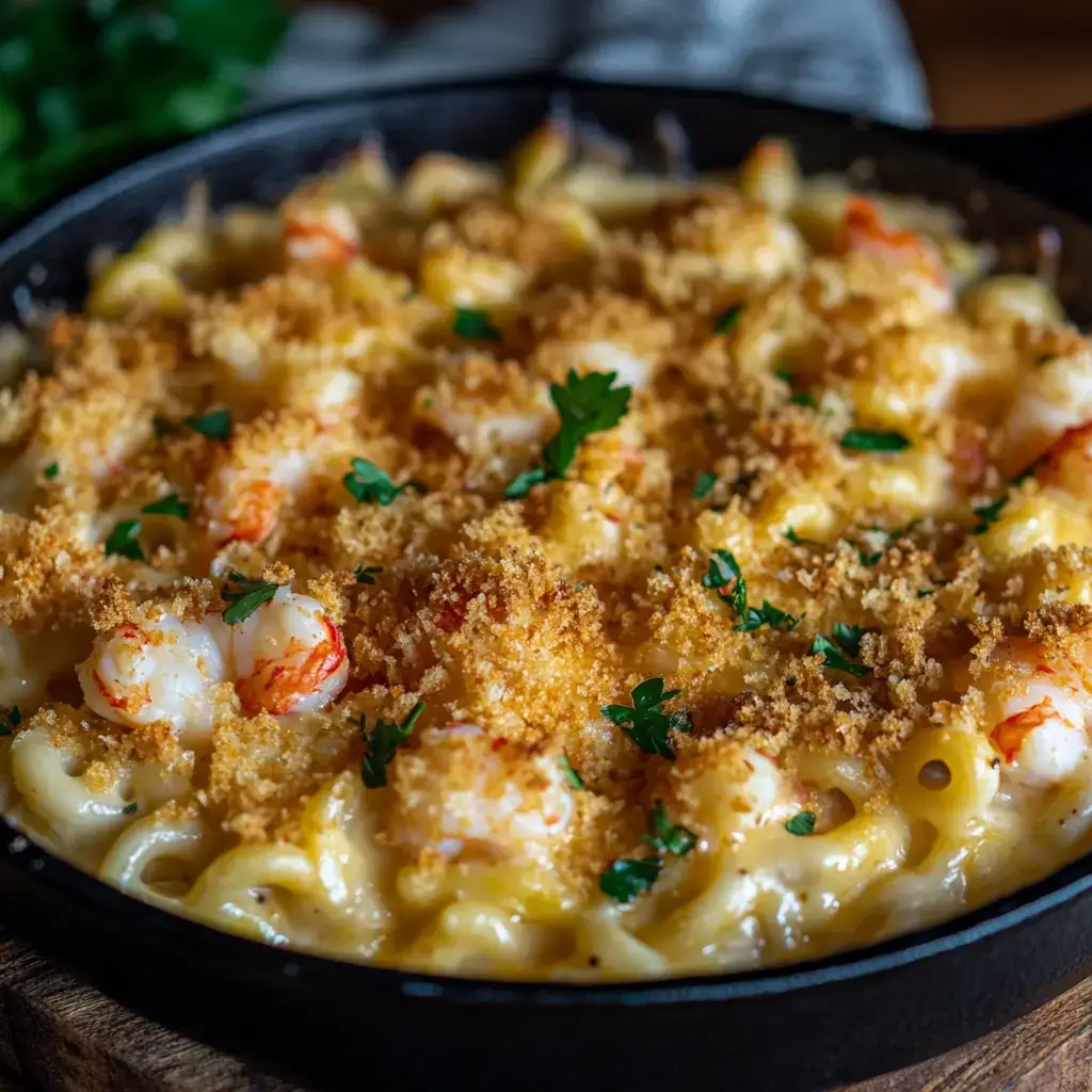 Golden, creamy seafood mac and cheese in a skillet