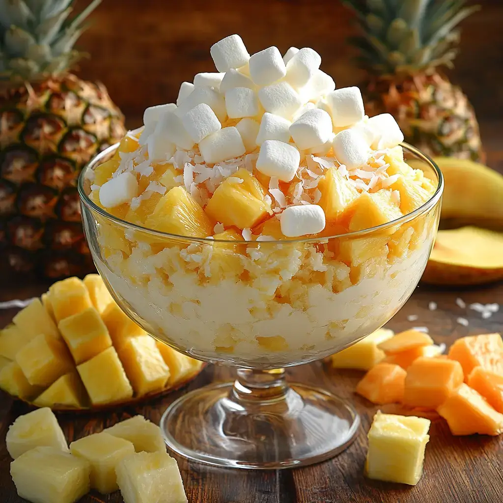 Pineapple fluff dessert with tropical fruit garnish.