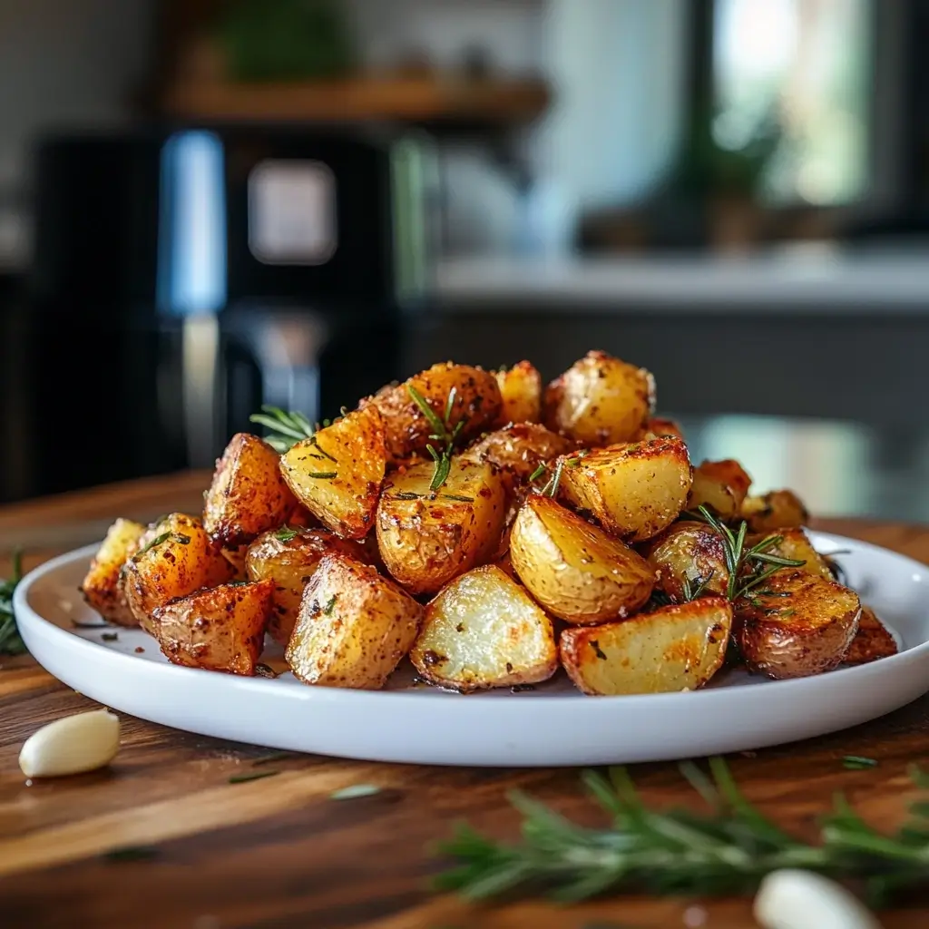 Crispy air fryer red potatoes garnished with rosemary.