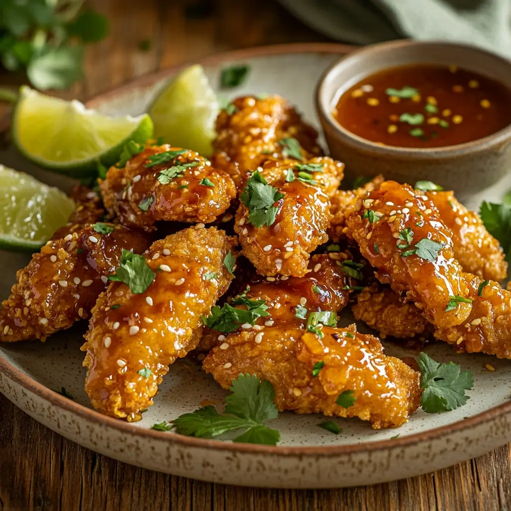 Honey chipotle chicken crispers served with dipping sauce and lime.