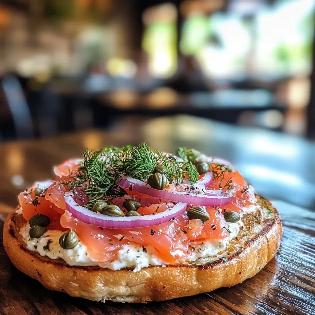 Open-faced bagel with lox spread, dill, and capers on a wooden table