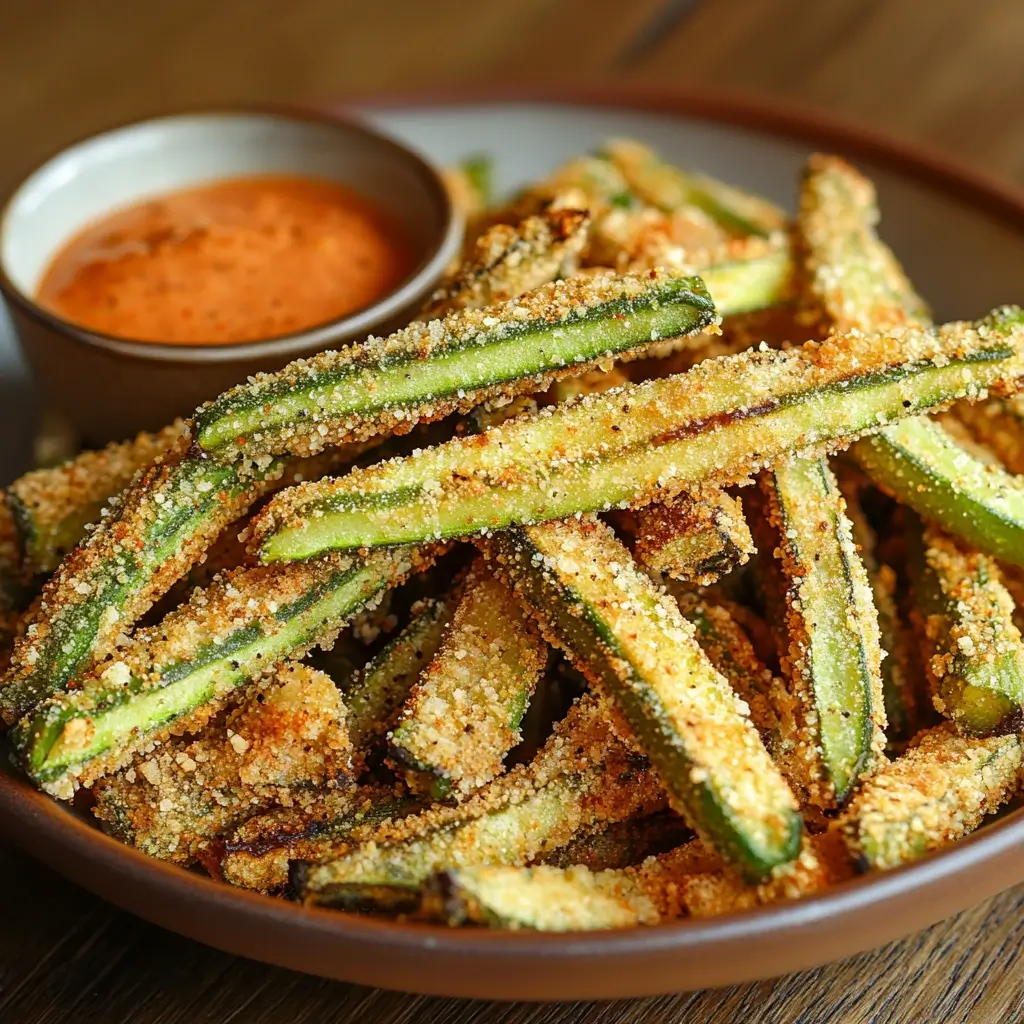 Crispy okra French fries with dipping sauce on a wooden table