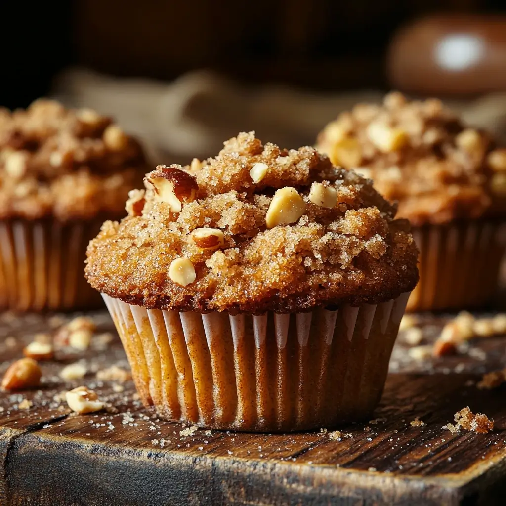 Close-up of praline sugar streusel on muffins.