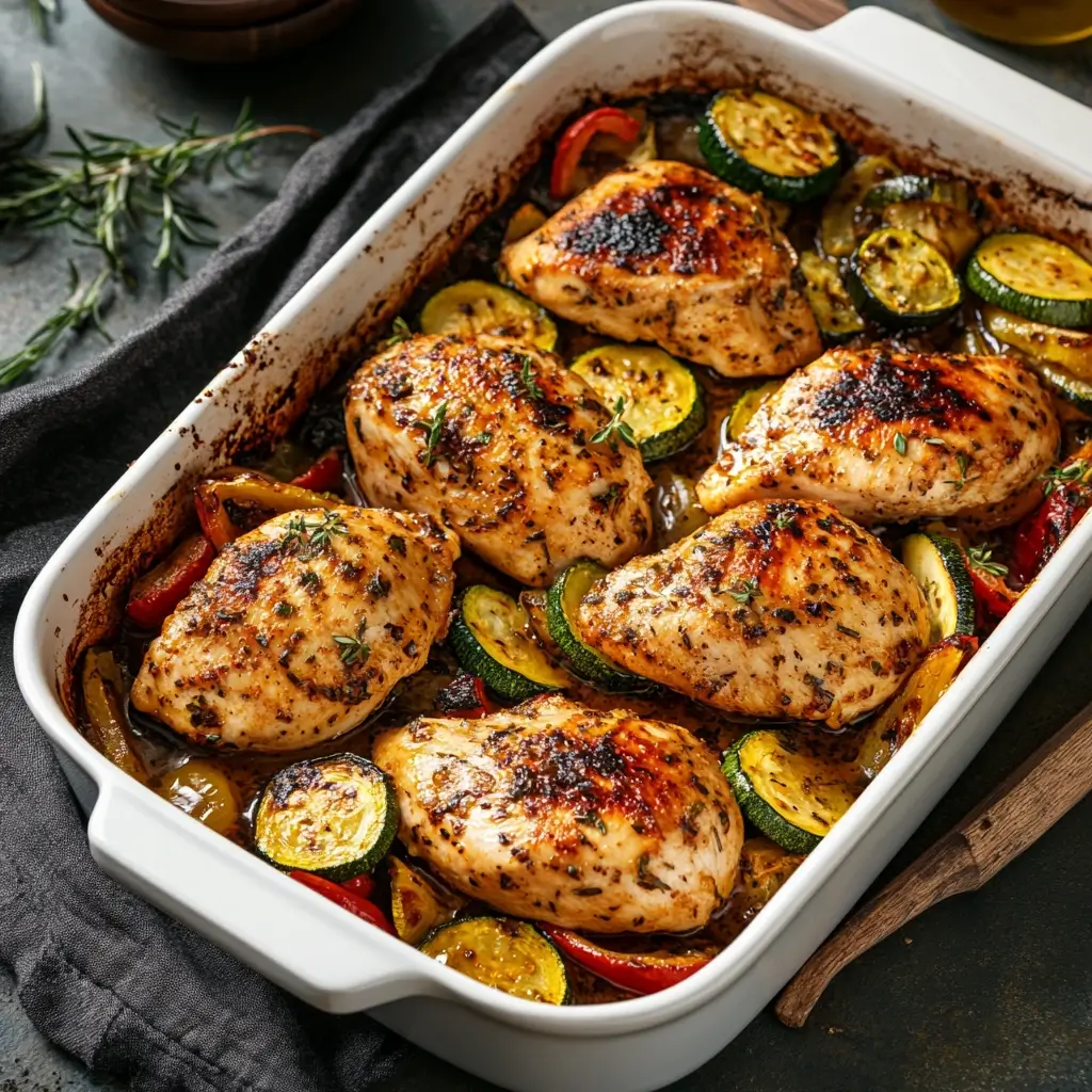 Grilled Italian dressing chicken served with roasted vegetables