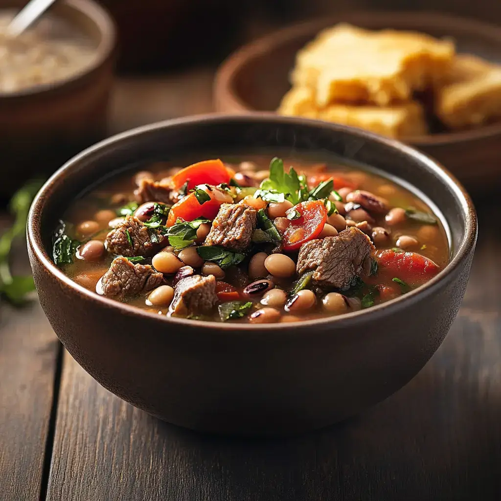 A warm bowl of black-eyed pea soup with herbs and cornbread.