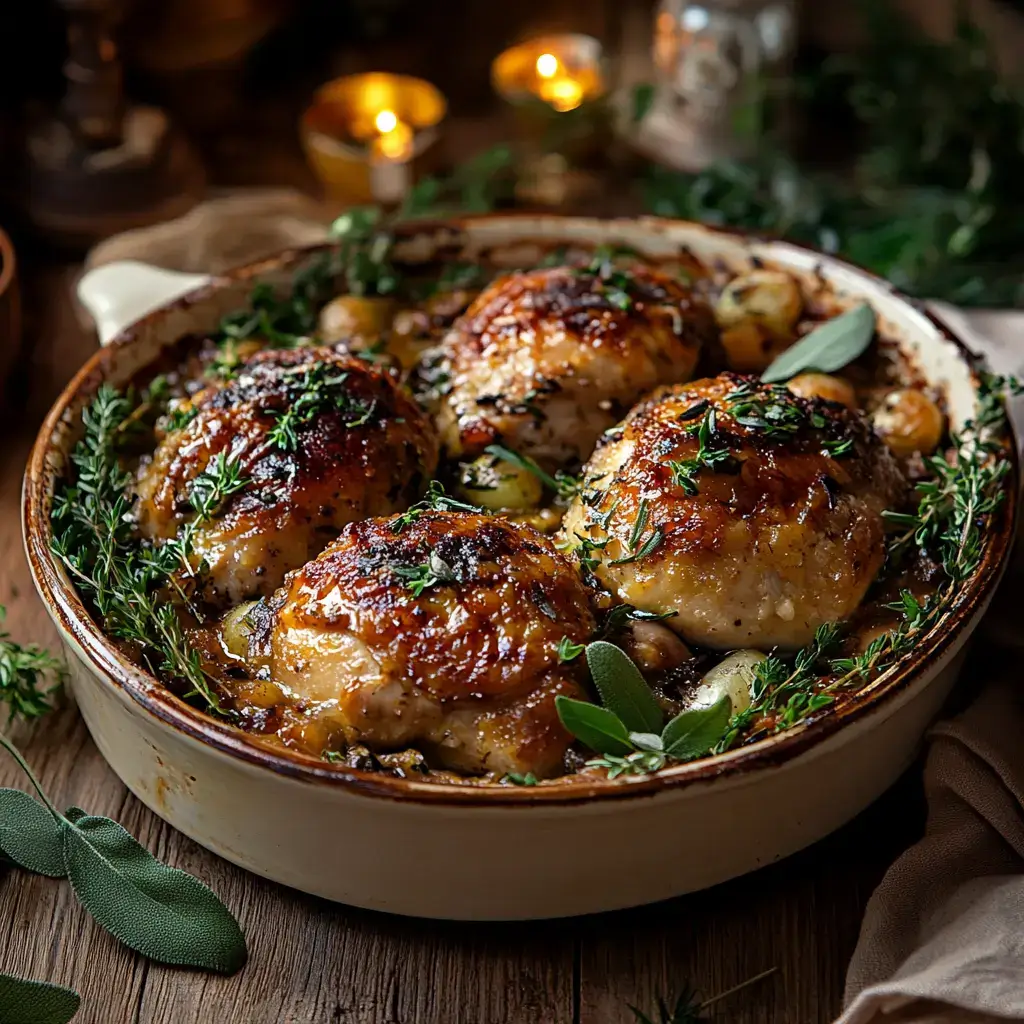 Golden-brown chicken dressing in a rustic dish garnished with herbs.