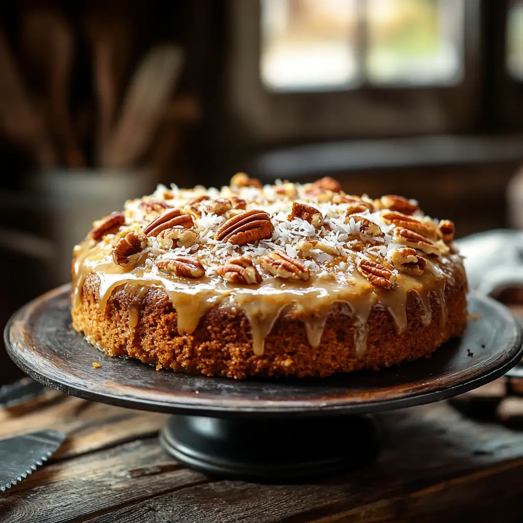 Rustic oatmeal cake with coconut-pecan topping on a wooden table