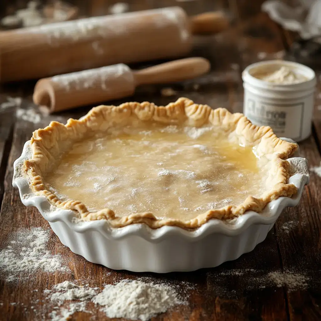 Golden-brown Crisco pie crust in a ceramic dish on a rustic table