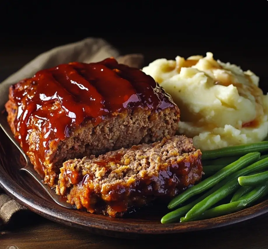 Juicy meatloaf with Stove Top stuffing served with mashed potatoes and green beans