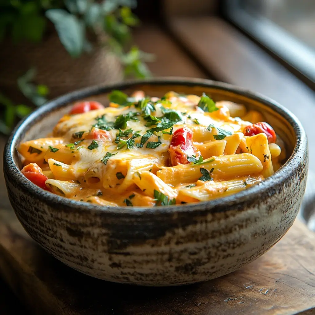 Creamy Rotel pasta garnished with fresh herbs