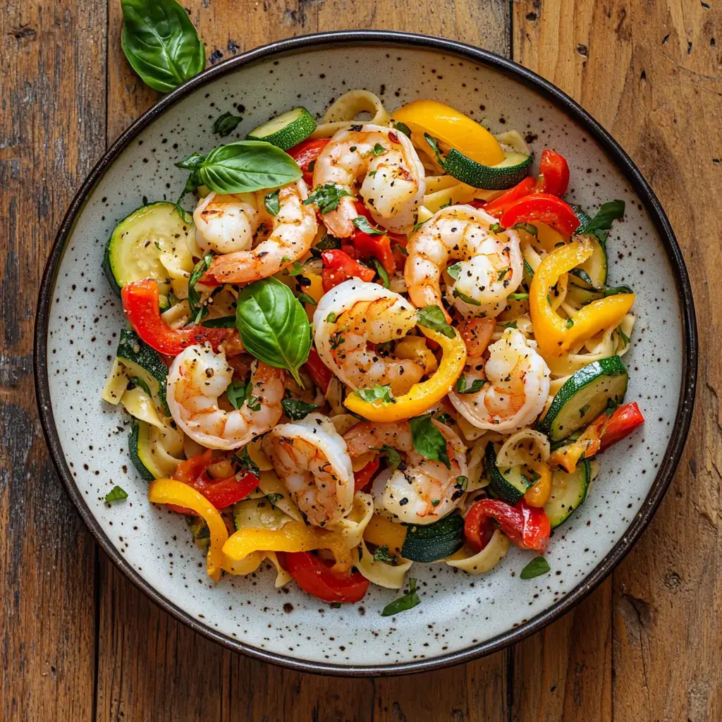 Colorful plate of shrimp primavera with fresh vegetables and pasta