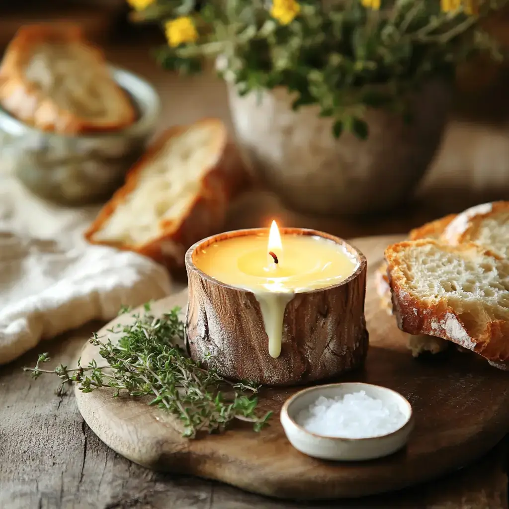 A golden butter candle melting on a wooden board with bread.