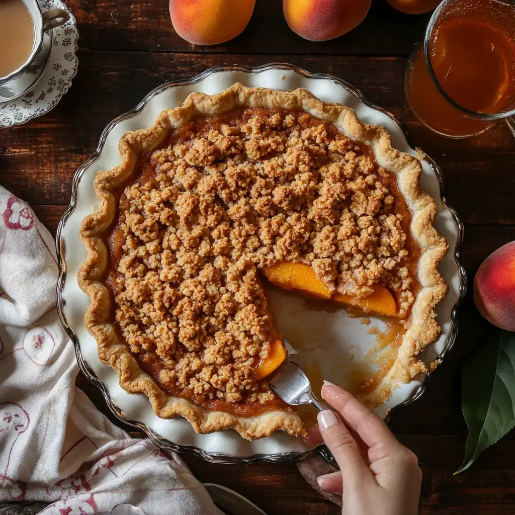 Homemade peach crumble pie with a golden crumble topping.