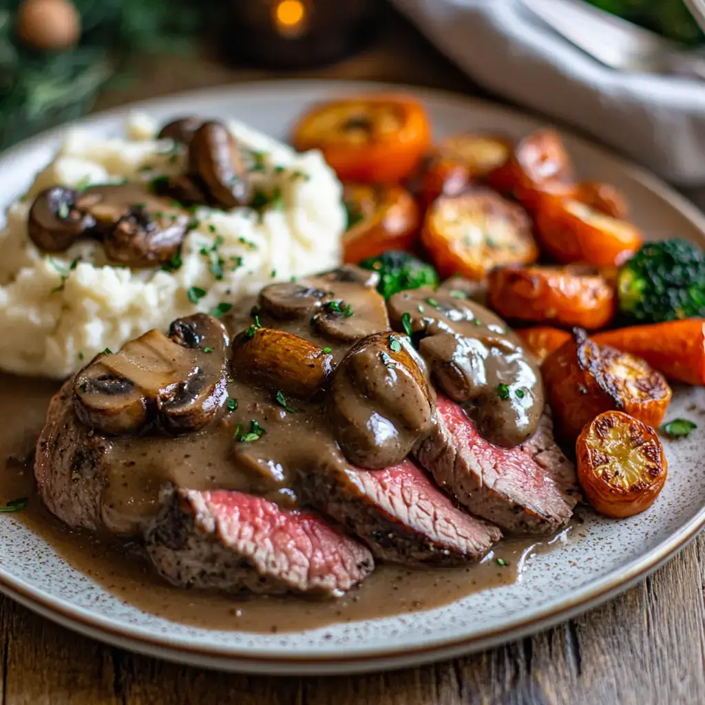 Chopped steak with mushroom gravy, roasted vegetables, and mashed cauliflower.