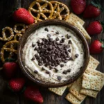 A creamy chocolate chip dip served with graham crackers and pretzels.