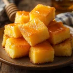 Crispy fried cornbread pieces stacked on a plate with honey.