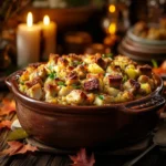 Hot turkey stuffing casserole with crispy topping.