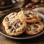 Freshly baked chocolate chip pecan cookies on a rustic table