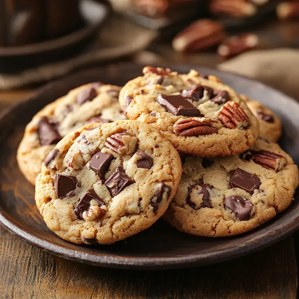 Freshly baked chocolate chip pecan cookies on a rustic table